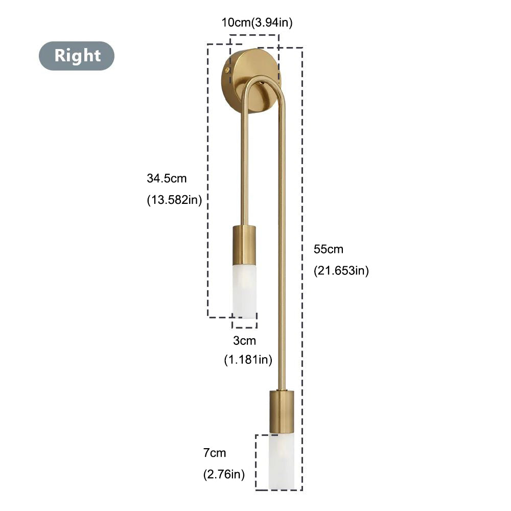 The XCEPTION Nordic stick on wall lights is a brass, wall-mounted fixture with two cylindrical LED lamps for energy efficiency. The entire length of the light fixture is 55 cm (21.653 in), comprising a 34.5 cm (13.582 in) vertical rod, with a top circular mount of 10 cm (3.94 in) and a bottom light that extends 7 cm (2.76 in).