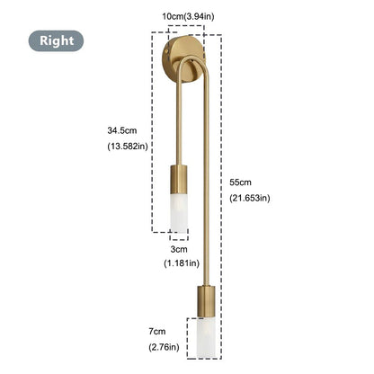 The XCEPTION Nordic stick on wall lights is a brass, wall-mounted fixture with two cylindrical LED lamps for energy efficiency. The entire length of the light fixture is 55 cm (21.653 in), comprising a 34.5 cm (13.582 in) vertical rod, with a top circular mount of 10 cm (3.94 in) and a bottom light that extends 7 cm (2.76 in).