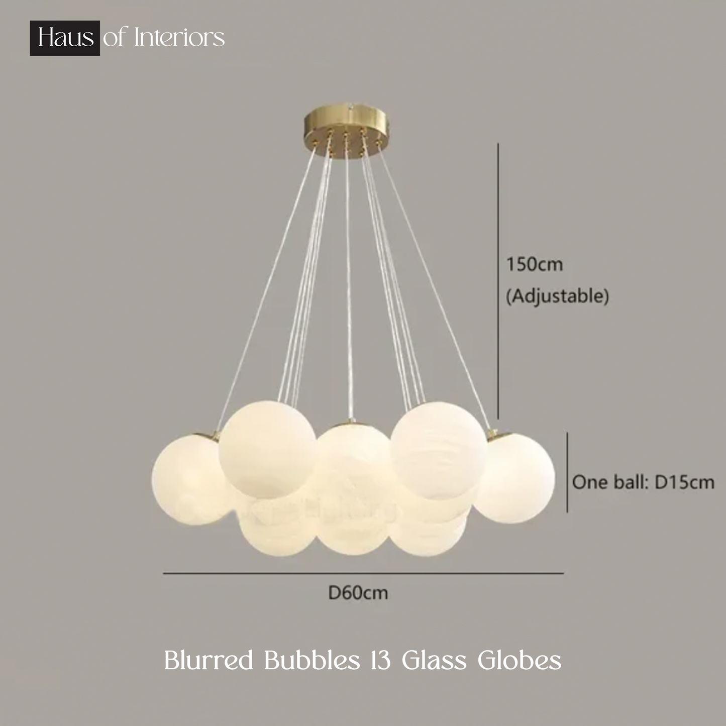 Introducing the Blurred Bubbles Chandelier from XCEPTION, a modern lighting piece featuring 13 glass globes suspended from a gold fixture. The globes are arranged in an elegant cluster with adjustable height capabilities. Key dimensions include an adjustable height of 150 cm, each globe with a diameter of 15 cm, and a total width of 60 cm.