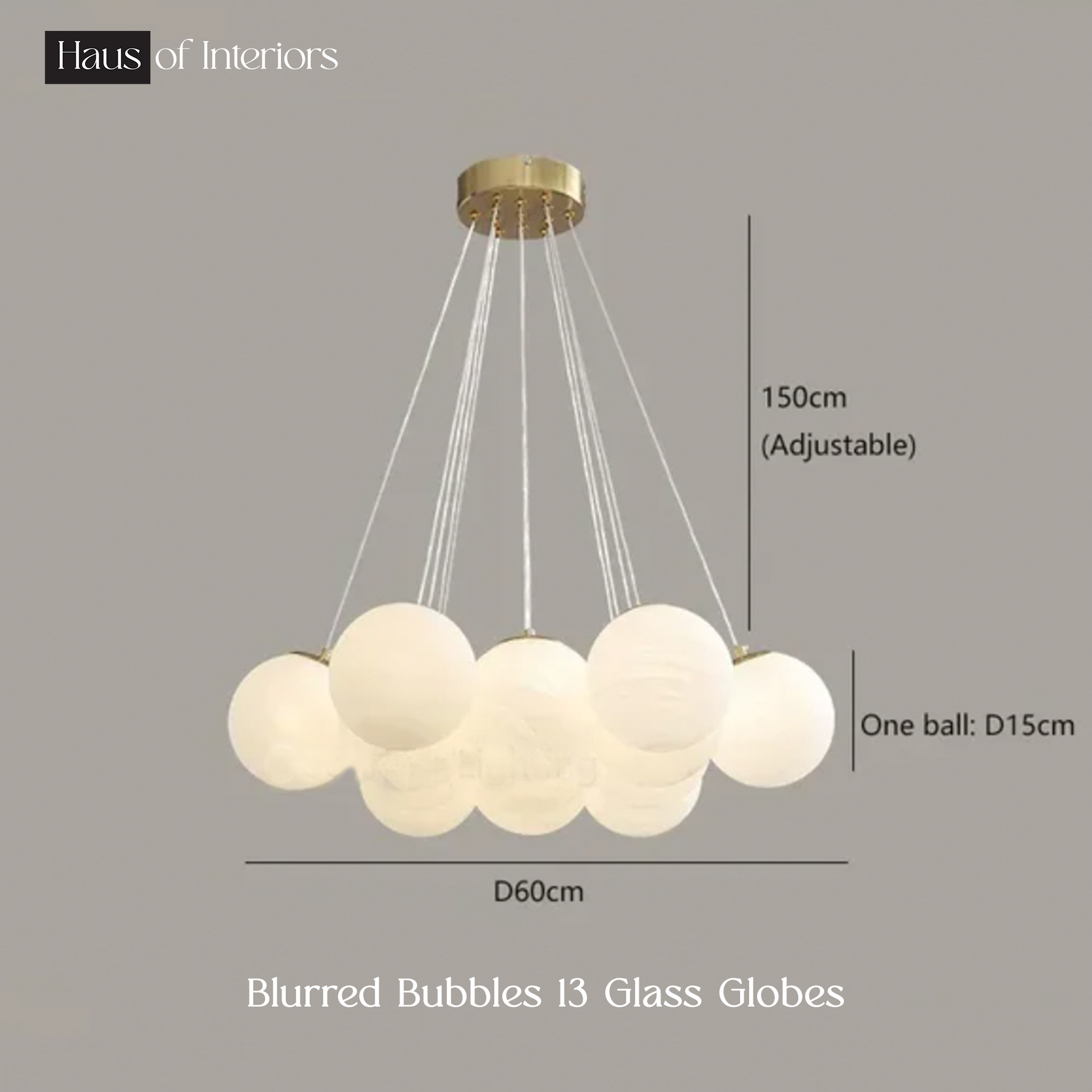 Introducing the Blurred Bubbles Chandelier from XCEPTION, a modern lighting piece featuring 13 glass globes suspended from a gold fixture. The globes are arranged in an elegant cluster with adjustable height capabilities. Key dimensions include an adjustable height of 150 cm, each globe with a diameter of 15 cm, and a total width of 60 cm.