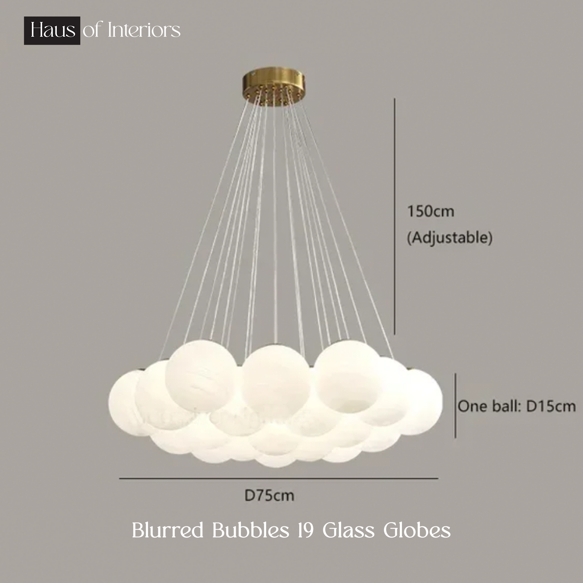 The Blurred Bubbles Chandelier by XCEPTION is a modern lighting fixture featuring 19 frosted glass globes suspended from a gold-finished ceiling mount. This adjustable chandelier measures 150cm in height and 75cm in diameter, with each globe having a diameter of 15cm.