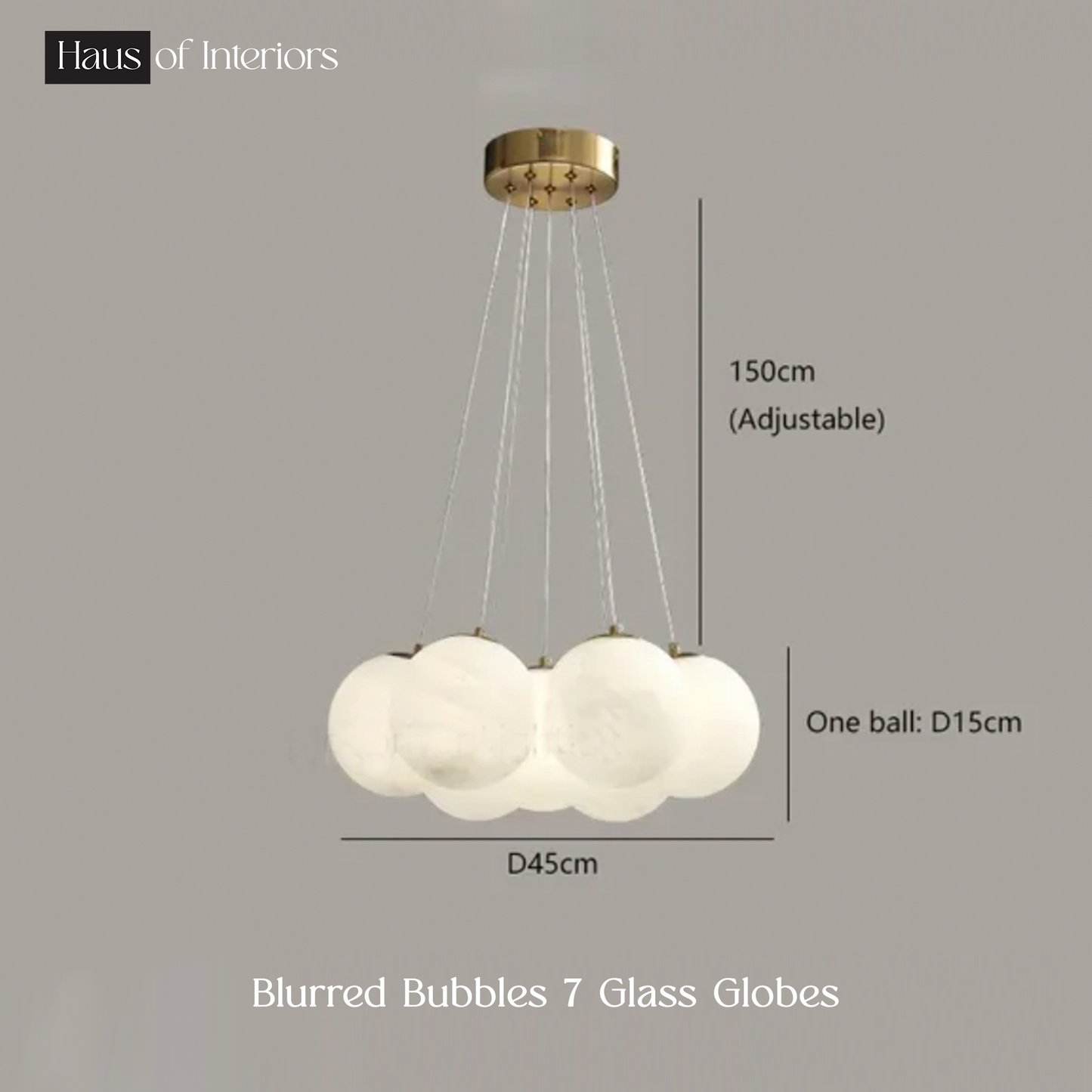 The Blurred Bubbles Chandelier by XCEPTION features seven frosted glass globes hanging from a gold-colored ceiling mount, with an adjustable height of 150cm and each globe having a diameter of 15cm.