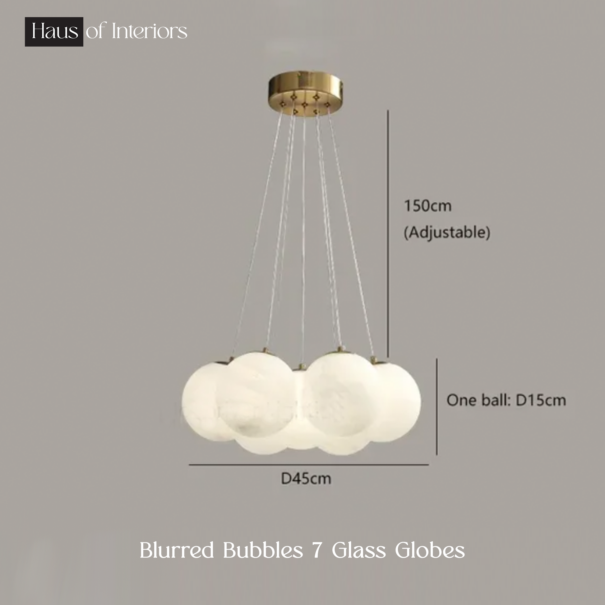 The Blurred Bubbles Chandelier by XCEPTION features seven frosted glass globes hanging from a gold-colored ceiling mount, with an adjustable height of 150cm and each globe having a diameter of 15cm.
