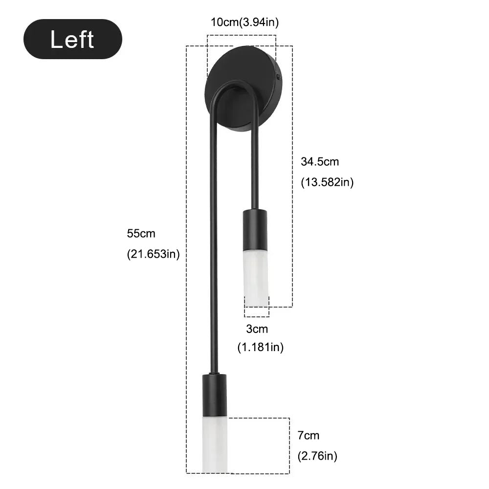 Diagram of the XCEPTION Nordic stick on wall lights with measurements. This fixture showcases a round base, two vertical arms, and cylindrical lights utilizing energy-saving LED technology. Dimensions are provided in both centimeters and inches: height 55cm, width 10cm, and light diameter 3cm.
