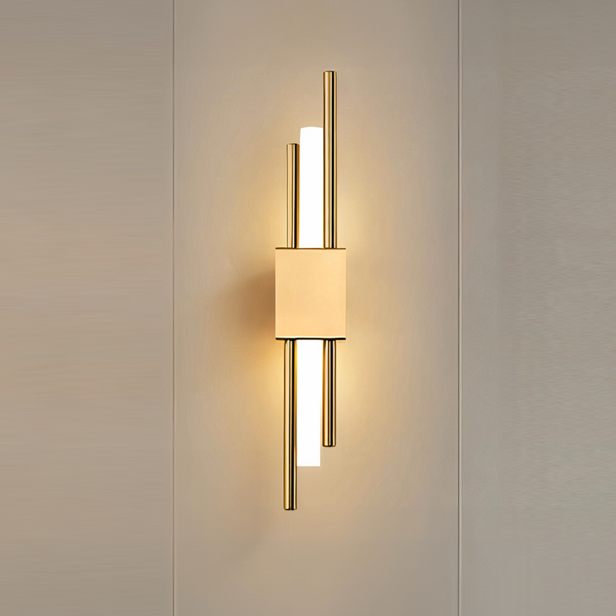 The Glitch Wall Light by XCEPTION features a sleek and minimalistic design, showcasing a modern wall sconce with a rectangular center. It includes four vertical rods—two in gold and two that emit a warm white light—set against a neutral wall.