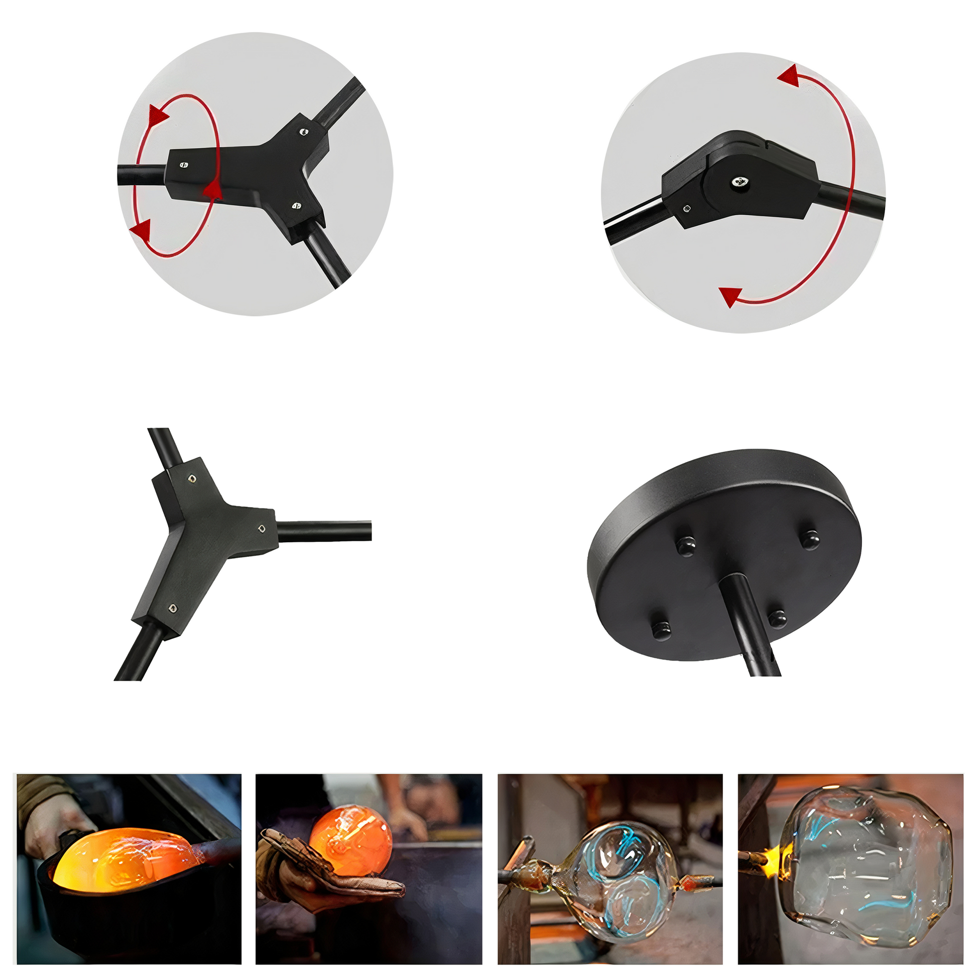 A comprehensive view of the assembly parts for the Retro Loft Ceiling Chandelier • Black by XCEPTION, featuring a black base and structural elements. Additionally, four images illustrate the glassblowing process used to shape and heat glass into a spherical light cover.