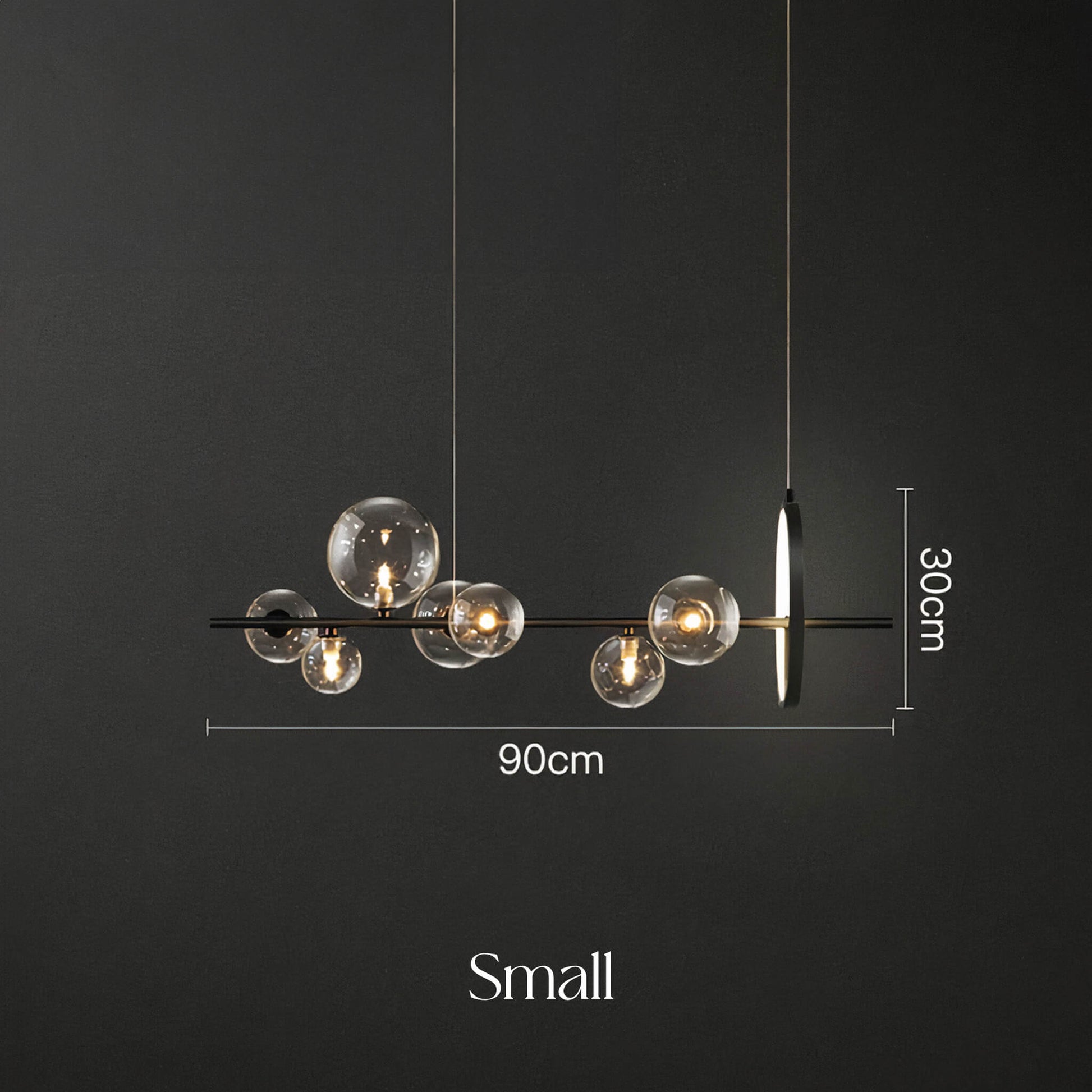 An Art Deco Ceiling Light by XCEPTION featuring multiple glass globe bulbs on a sleek horizontal black rod, set against a dark background. The dimensions are indicated as 90cm wide and 30cm tall, with the label "Small" displayed beneath the fixture.