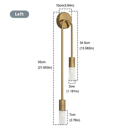 Presented by XCEPTION, the Nordic Stick On Wall Lights showcase a stunning gold finish and include two energy-saving LED cylindrical bulbs at different heights. The fixture measures 55cm in height and 10cm in width, with one bulb measuring 3cm in diameter and the other at 7cm. Protruding 34.5cm from the wall, it is elegantly labeled "Left" for easy installation.